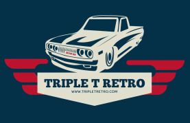a classic car with the company name underneath